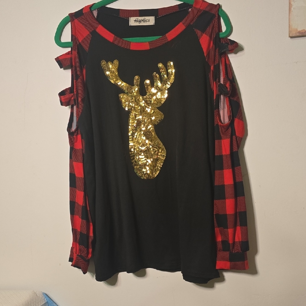 CHRISTMAS DEER GOLD SEQUIN Women's Black and Red Plaid Top with Gold Reindeer